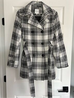 croft & barrow Black and White Plaid Double-Breasted Peacoat with Belt